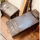 An early 20th century painted pine travel chest; another cast iron safe chest, inscribed with Carron