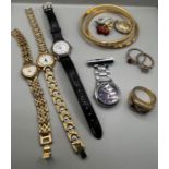 A small selection of watches and costume jewellery including two 925 rings (one a Franklin mint gilt
