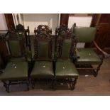 Set of 7 Large carved Oak chairs with green leather seats (one larger carver) similar but not