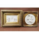2 Italian reconstituted marble relief plaques in gilt frames depicting a female faun and her child