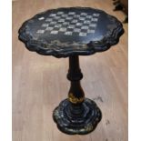 Papier-maché black gilt and mother-of-pearl detail occasional table with tilt top and flower-