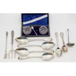 A collection of silver to include; A pair of George III London silver serving spoons, hallmarked