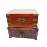 x2 19th century boxes: x1 box inlaid  with key A/F ; x1 brass bound box with Bramah lock.