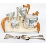 A 1960 Picquot tea and coffee service on tray, complete set, along with plated spoons