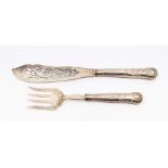 A pair of Victorian silver King's pattern fish servers, ornate pierced blades, hallmarked by Martin,
