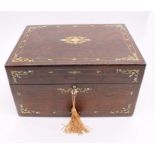 An early Victorian rosewood ladies vanity and trinket box with spring-loaded side drawer and
