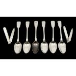 A small collection of six silver fiddle pattern teaspoons to include; a George III by Robert