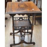 An Edwardian inlaid rosewood occasional table, shelf with lyre style supports
