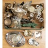 Collection of silver plate, part tea and dinner sets, along with two metal figures