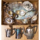 A collection of silver plated items including serving tray, three tea sets, sauce boats, glass and