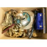 A collection of metal ware items to include: brass figures, plateware etc