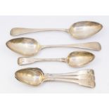 A collection of silver spoons to include; four matching fiddle pattern dessert spoons, hallmarked