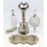 A collection of silver to include; A Walker & Hall tall silver posy vase with decorative pierced