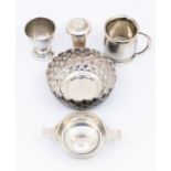 A collection of silver items to include; an Asprey London silver small two handled Quaich,