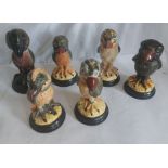 A set of six Martin brothers style grotesque bird jars and covers on attached turned wood bases,