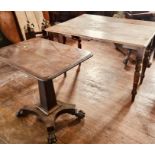 A regency mahogany tilt top table, curved rectangular top, supported with an obelisk column on a