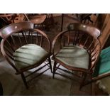 teak effect pedestal desk with three oak captain style vintage office chairs