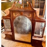 A Sheraton revival mahogany and satinwood dressing mirror, scrolling broken pediment, flanked by