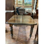 Oak table on carved /turned legs with castors approx 3'4" square, Condition: top needs attention