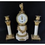 A French white marble and gilt metal mounted clock garniture, c1900, the white enamel dial with