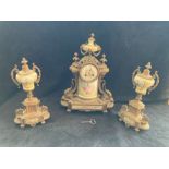 Late Victorian Clock Garniture with two Vases, One vase has a broken, previously repaired foot