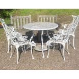 A 20th cent alloy Garden table and chairs, A pair of Weathered Garden chairs and similar bench