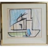 20th century Continental School, an abstract study of a building with deck chair, oil pastel on
