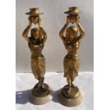 A pair of Spelter Egyptian style  candlesticks raised on Alabaster bases