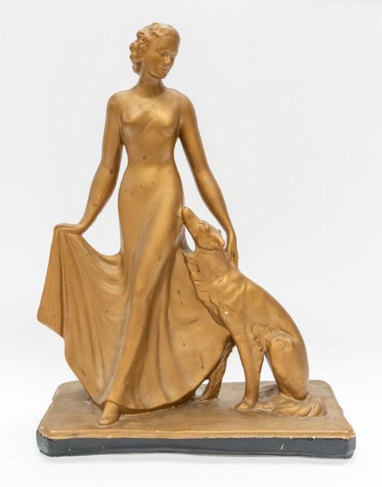 Two early 20th Century plaster figures of ladies with hunting dogs - Image 5 of 8