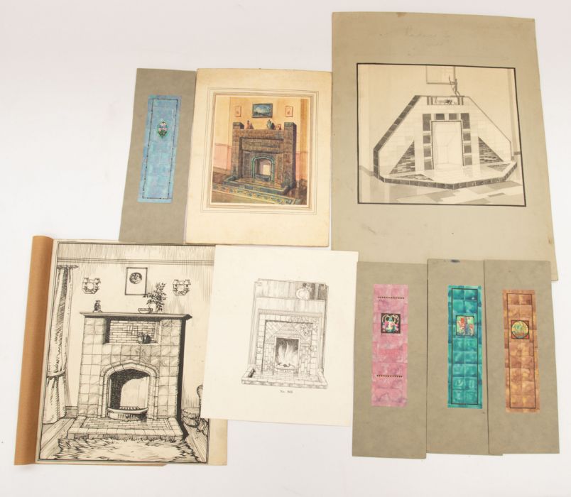 Folio of drawings, watercolours, oils by Walter Curtis 1920s designs for fireplaces, bathrooms. - Image 2 of 2