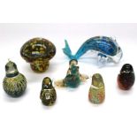 Mdina Glass - A collection of art glass paperweights to include; A signed and stickered dolphin