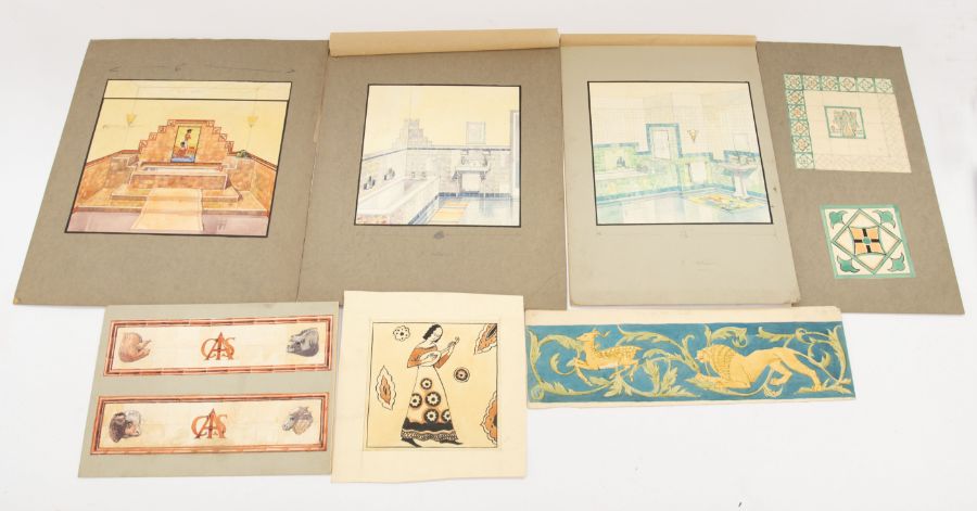 Folio of drawings, watercolours, oils by Walter Curtis 1920s designs for fireplaces, bathrooms.