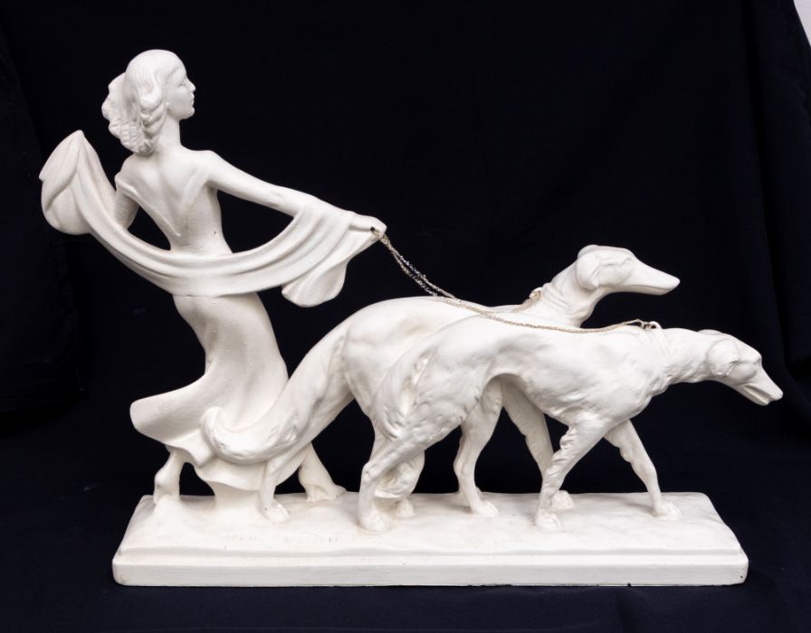 Two early 20th Century plaster figures of ladies with hunting dogs - Image 3 of 8