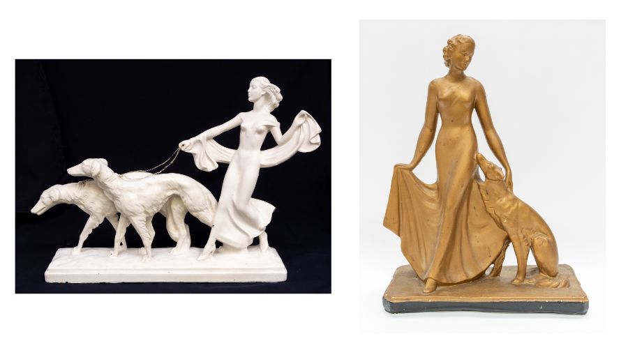 Two early 20th Century plaster figures of ladies with hunting dogs