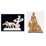 Two early 20th Century plaster figures of ladies with hunting dogs