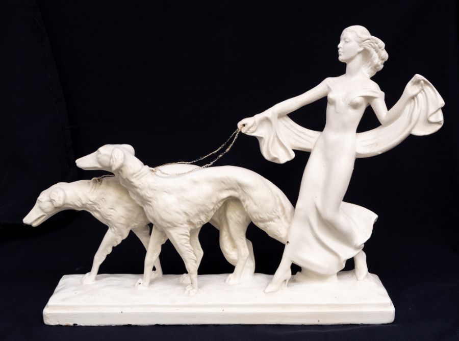 Two early 20th Century plaster figures of ladies with hunting dogs - Image 2 of 8