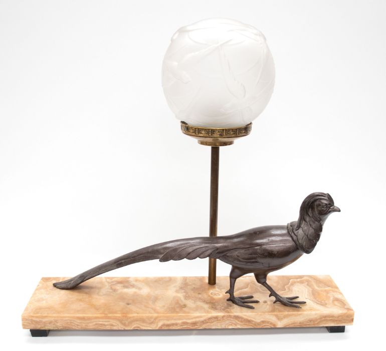 A circa 1930's Art Deco table lamp of pheasant on marble base, table garniture of lady hunting - Image 2 of 4