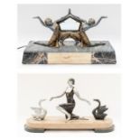 Two Art Deco table/mantle garnitures with ladies and swan details