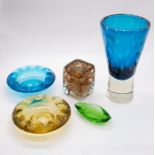 Sklo Union; two ashtrays, one blue and one amber, a small Czech pressed glass green pin dish, a