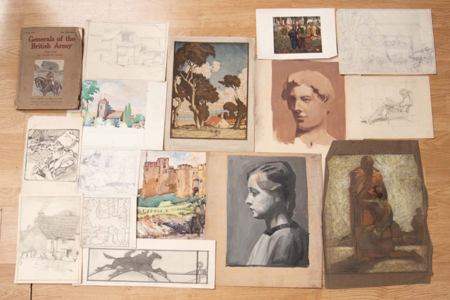 A portfolio containing drawings and paintings by Walter Curtis plus periodicals and reference