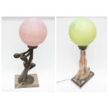 Two Art Deco 1930's table lamps with lady figure detail and large globe shades