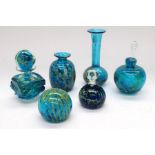 Mdina Glass - A collection of blue and yellow art glass pieces to include; a tall signed vase, a