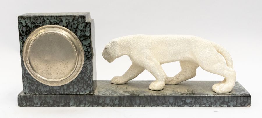 Two 1930's Art Deco mantle clocks one with a lady and swan detail the other has a white panther - Image 6 of 6