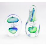 Remis; art glass (Contemporary) a pair of signed glass sculptures in clear, green and blue glass