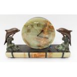 Art Deco 1930's marble mantle clock with round marble clock face, Arabic numerals, with dolphin