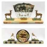 Two Art Deco marble mantle clocks with bird and deer detail, mirror clock face and marble