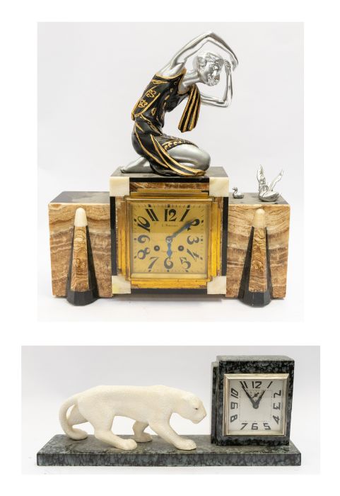 Two 1930's Art Deco mantle clocks one with a lady and swan detail the other has a white panther