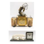 Two 1930's Art Deco mantle clocks one with a lady and swan detail the other has a white panther