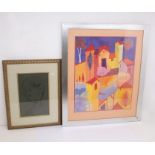 A large colourful print of dwellings in South Africa, together with a signed portrait of a lady