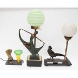 Three Art Deco table lamps with lady pheasant and peacock detailing